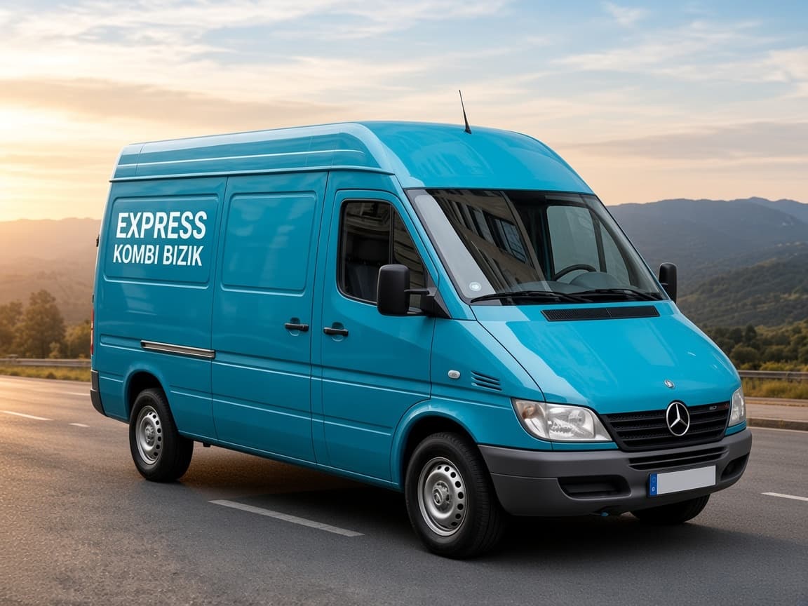 Tirkizni Mercedes kombi Expres Kombi Bizik na putu u zalasku sunca